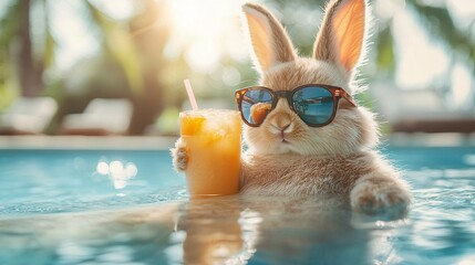 Bright Easter bunny in sunglasses, relaxing by the pool with a fruit cocktail under palm trees. Tropical summer vacation vibes.