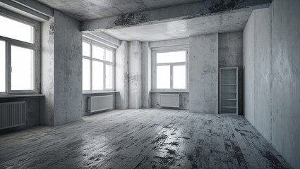 Empty White Loft Apartment with Grunge Look, Exposing Raw Urban Charm, Spacious Interior, and Industrial Design Elements for a Modern, Minimalist Aesthetic