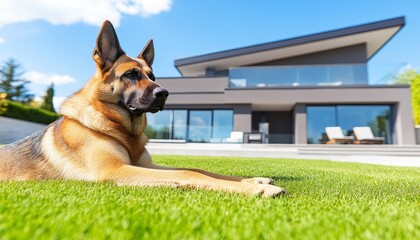 Obraz premium Loyal German Shepherd Guard Dog Resting on Green Lawn in Front of Modern House, Security Concept