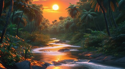 Fototapeta premium Tropical Rainforest at Sunset, Sunlight Through the Canopy, Winding River.