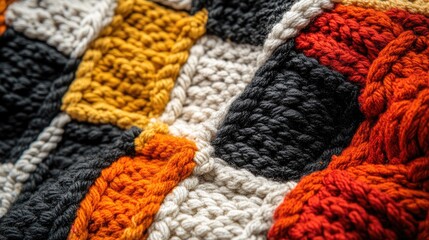 Colorful hand knitted texture with intricate patterns showcasing warmth and craftsmanship in textile design closeup.