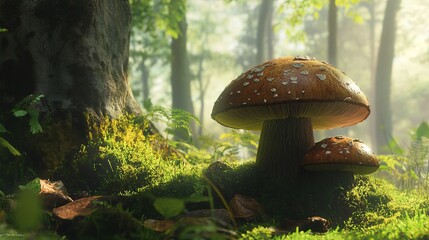 Fototapeta premium Boletus mushrooms growing in green moss covered forest.