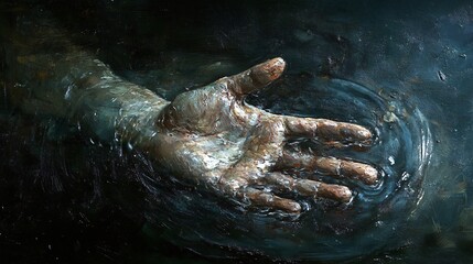Fototapeta premium A close-up of a male hand reaching out above the surface of dark water, creating gentle ripples.