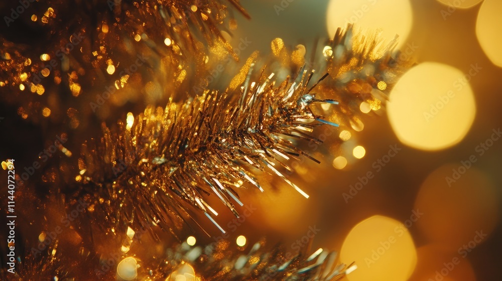 Aufkleber gold tinsel and sparkling bokeh lights create a festive and warm holiday atmosphere in this macro bl