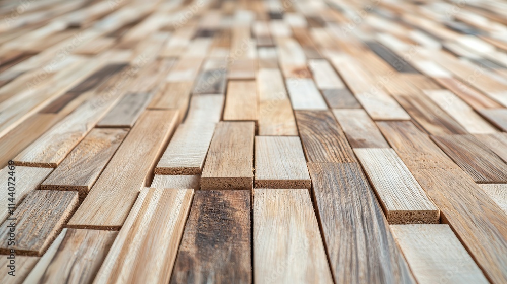 Poster A close-up view of a textured wooden surface composed of various light and dark wood planks arranged in a geometric pattern.
