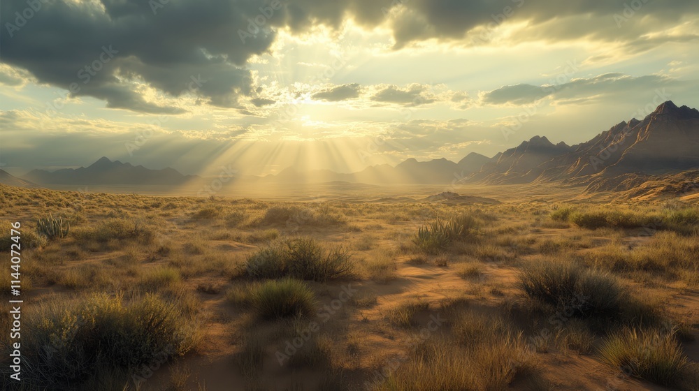 Aufkleber golden desert dunes with sparse vegetation illuminated by sunbeams through dramatic clouds creating 