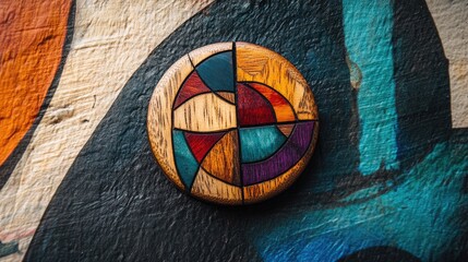 Handcrafted Wooden Brooch Against Colorful Graffiti Wall Abstract Art Background