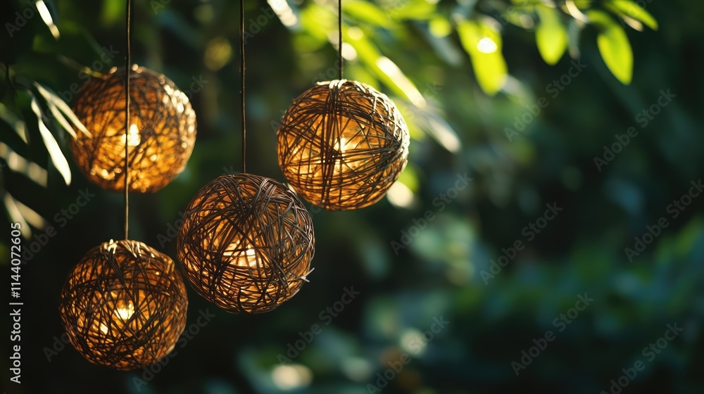 Poster decorative abaca light lanterns creating a warm ambiance with selective focus against a lush green b