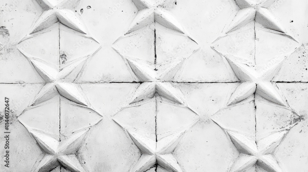 Poster textured handmade concrete surface in white with a geometric star pattern on a clean background. ide