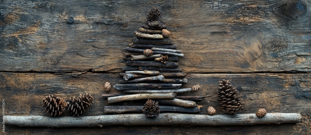 Poster rustic christmas tree made from sticks and pine cones on a wooden backdrop with empty space for text