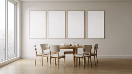 A minimalistic dining room featuring a wooden table and chairs, bathed in natural light from large windows.
