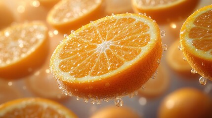 Juicy orange slices levitating, water droplets.