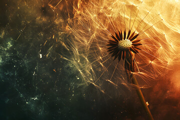 Obraz premium Dandelion close-up with a glowing golden and dark cosmic background, symbolizing wishes, dreams, hope, and ethereal beauty, perfect for artistic and inspirational themes