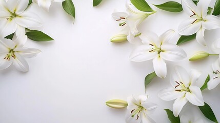 White lilies on a white background, top view. Space for text or message. Banner with space to add your own copy and text in a cursive font. Design concept for a funeral card