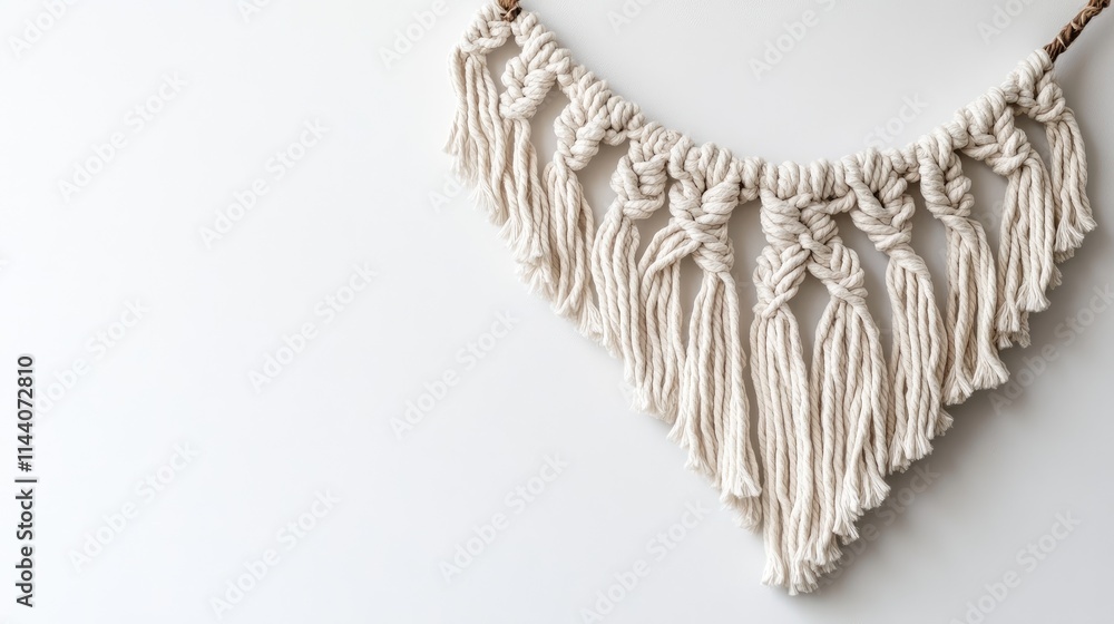 Poster handmade bohemian macrame wall art on a clean white background showcasing intricate knotting and a t