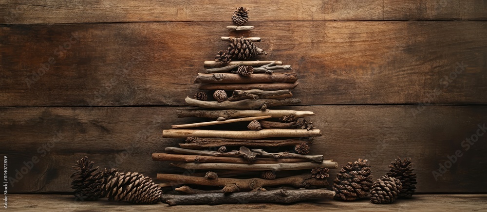 Aufkleber decorative christmas tree made from natural twigs and cones on a rustic wooden backdrop with space f