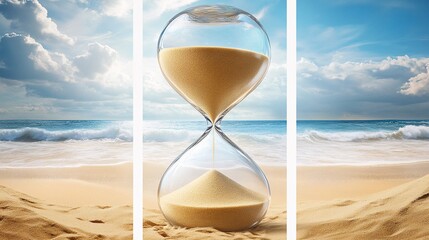 An elegant hourglass filled with fine sand, set against a serene beach backdrop with soft waves and...