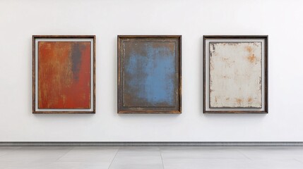 Fototapeta premium A minimalist art display featuring three paintings in earthy tones on a clean white wall.