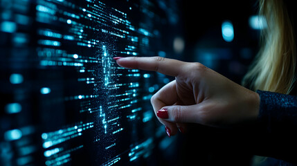 Big Data. neural network in digital form. A businesswoman's hand touching Introduction of artificial intelligence. The future of cyberspace. Science and innovation of technology
