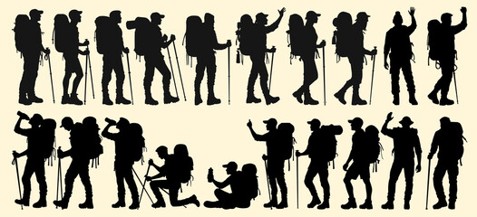 Silhouettes of hikers with backpacks and trekking poles, exploring and engaging in outdoor adventures.