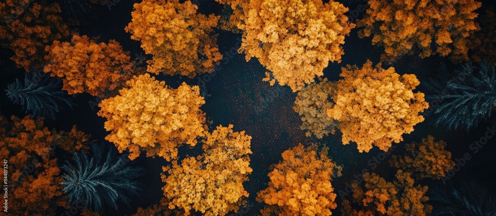 Poster aerial view of vibrant golden orange autumn maple leaves creating a natural pattern on dark backgrou