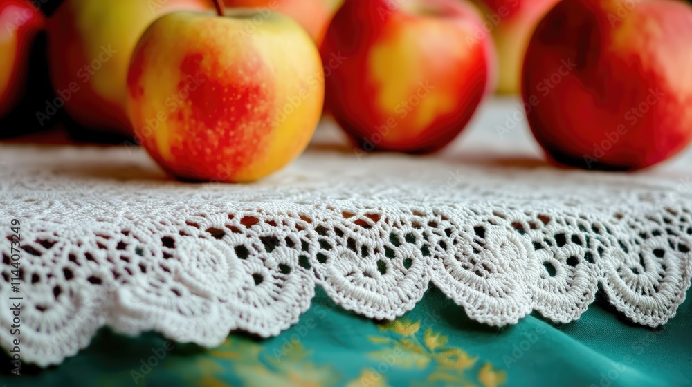 Poster golden autumn macro view of crochet lace trim on linen tablecloth with fresh red apples creating a w