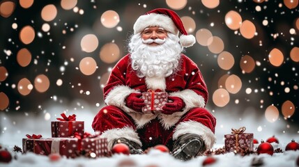 Jolly Santa Claus with Christmas Gifts in Snowy Winter Scene
