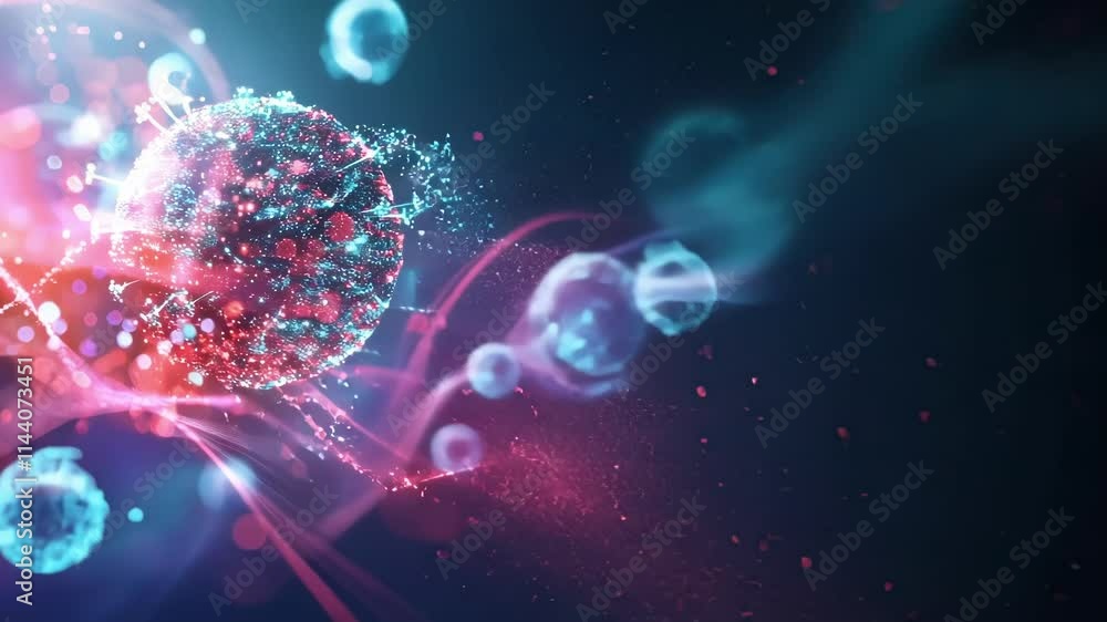 Poster microscopic view of a virus cell floating in digital environment generating colorful particles and l