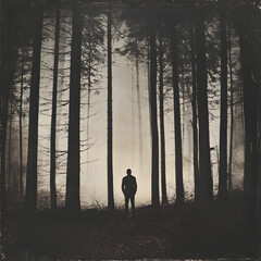 Lone figure in a misty forest surrounded by tall trees, creating a mysterious, eerie, and cinematic atmosphere perfect for thriller, suspense, and haunting storytelling visuals