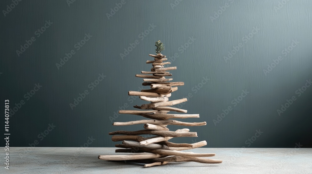 Aufkleber rustic handmade christmas tree crafted from wooden branches with a minimalist backdrop and ample cop