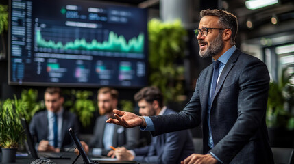 Fototapeta premium Confident business leader in suit and tie standing at front of office meeting presenting quarterly financial data and charts on monitor screen to attentive colleagues gathered around conference table