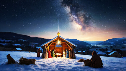 A serene Nativity scene under a star-studded night sky