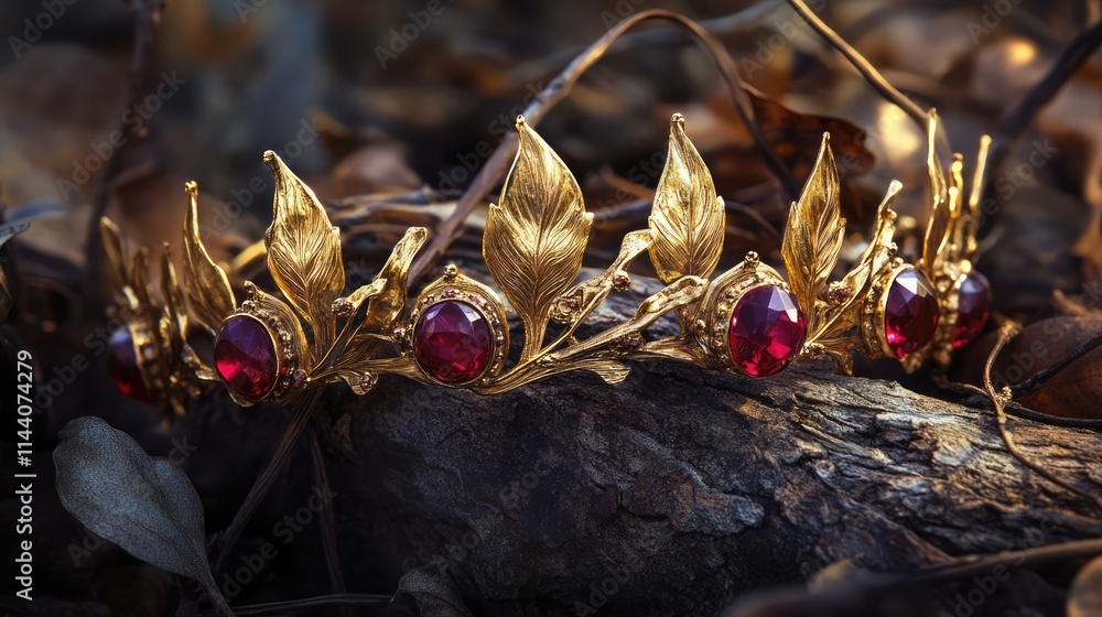 Poster elegant golden crown adorned with ruby gemstones resting on a rustic natural background of leaves an