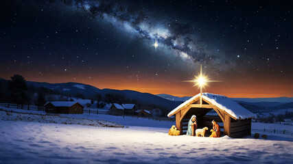 A serene Nativity scene under a star-studded night sky