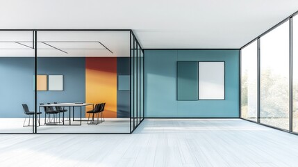 Modern office interior with glass wall, meeting table, and teal wall.