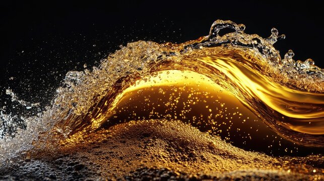 Golden wave of beer foam splashing against a dark background capturing dynamic liquid motion and vibrant textures