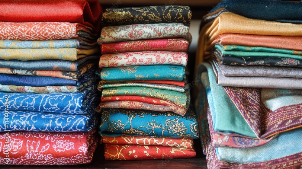 Aufkleber colorful stacked handkerchiefs with intricate patterns showcasing craftsmanship and textile diversit