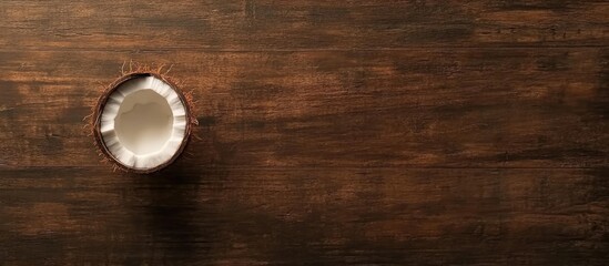 Halved coconut on rustic wooden table with tropical ambiance ideal for beverage and oil promotion or culinary use