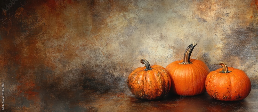 Poster thanksgiving day greeting card close up of decorative pumpkins on a textured autumn backdrop with am