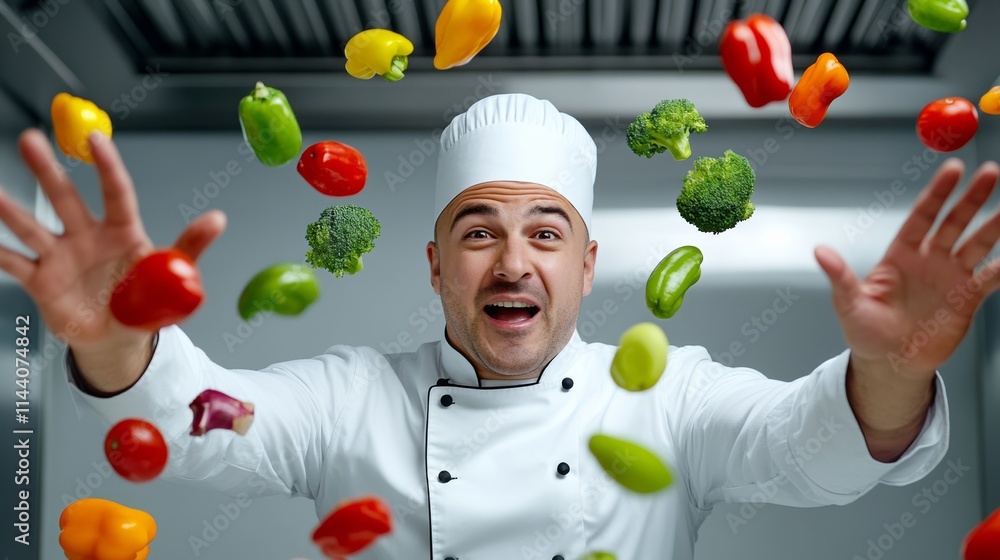Poster chef is throwing vegetables in the air. the chef is smiling and he is enjoying himself
