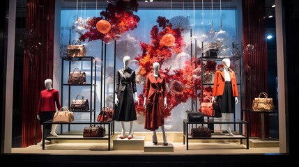 Elegant fashion collections from top brands displayed in the beautiful storefront window of an upscale mall enticing shoppers with the latest luxury trends and styles
