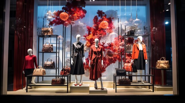 Elegant fashion collections from top brands displayed in the beautiful storefront window of an upscale mall enticing shoppers with the latest luxury trends and styles