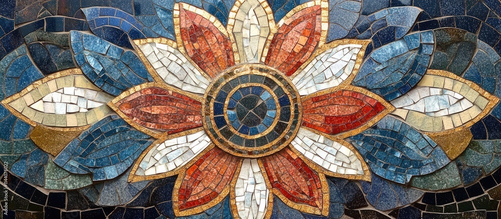 Poster handmade mosaic flower design on a decorative plate showcasing intricate craftsmanship for elegant i