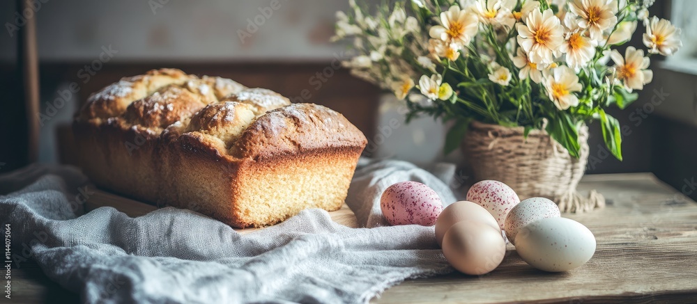 Poster homemade easter cakes with decorated eggs and spring flowers on rustic wooden table setting