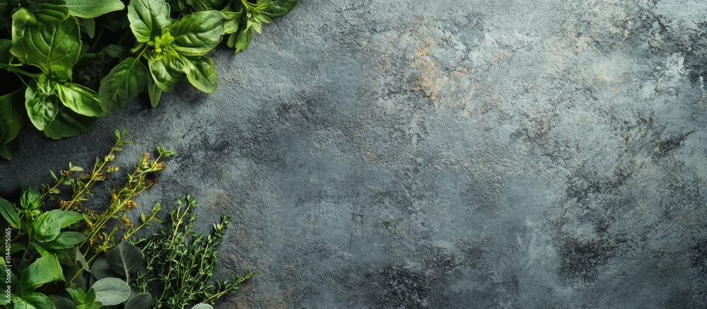 Poster fresh herbs and spices beautifully arranged on a textured gray stone background with ample copy spac