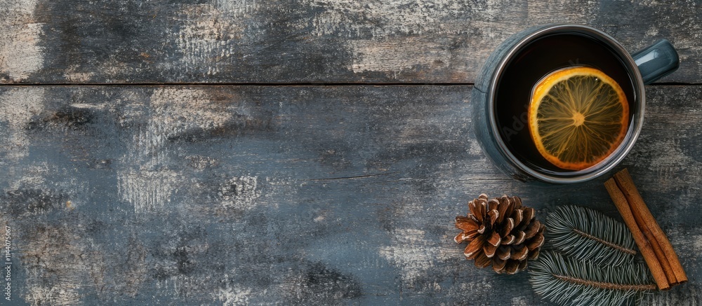 Aufkleber Mulled wine or tea with lemon and cinnamon beside a pinecone on a rustic wooden surface ideal for cozy seasonal themes