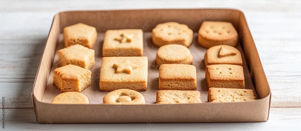 Aufkleber Homemade shortbread cookies in various shapes arranged on a tray creating a warm and inviting baking atmosphere for children and families.
