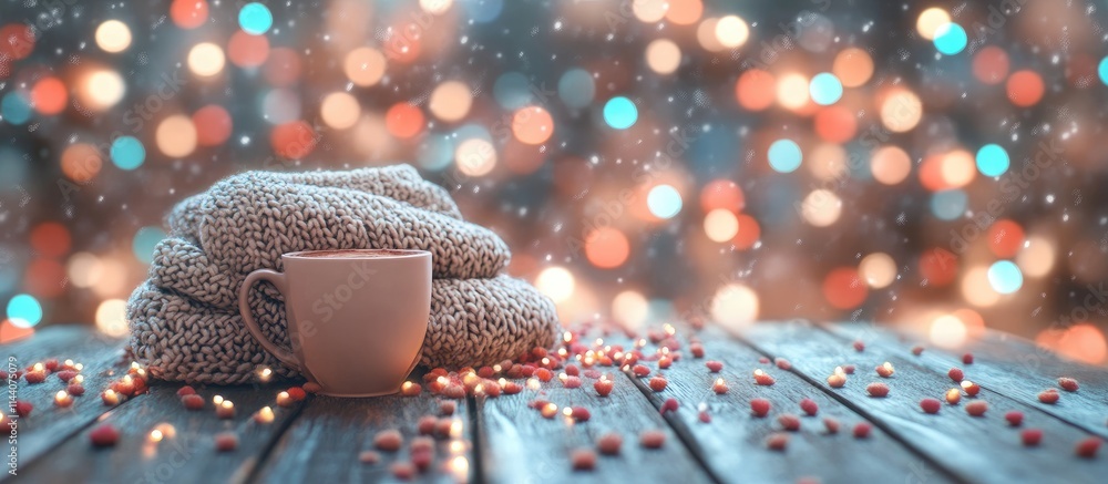 Aufkleber Cozy hot cocoa on a wooden table with wool sweaters and colorful bokeh lights creating a warm festive atmosphere for winter moments