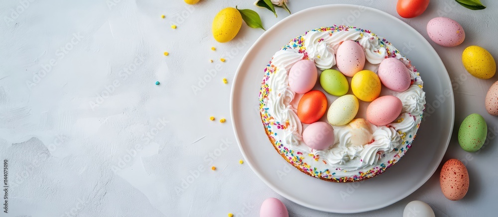 Poster easter celebration with colorful cake and decorated eggs arranged on a light grey table creating a f