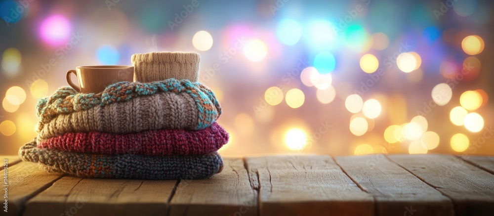 Poster Warm cozy scene with hot cocoa and wool sweaters on rustic wooden table blurred colorful festive background with bokeh lights and garlands